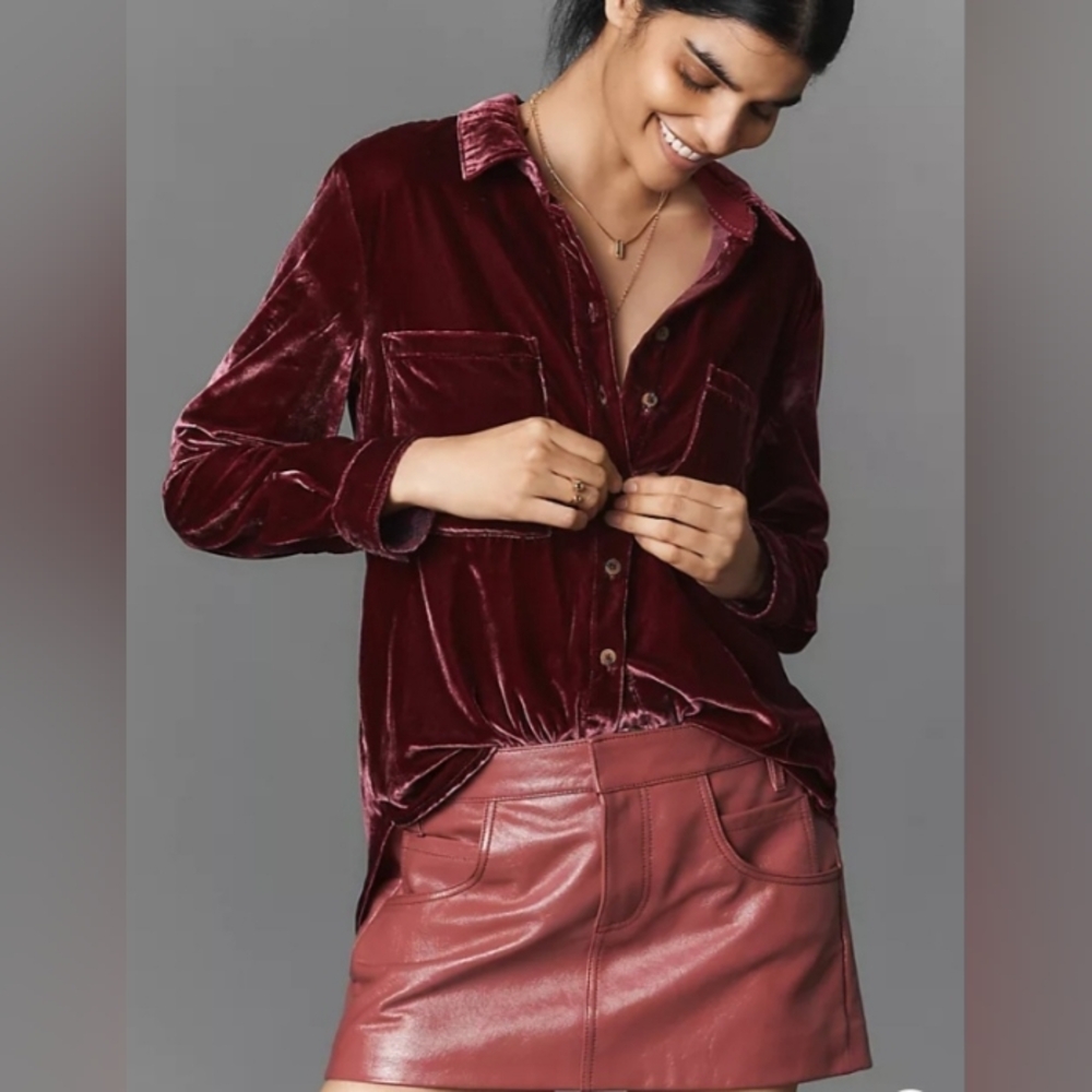 Anthropologie Hadley Rasberry Velvet Button Front Tunic Blouse Top XS